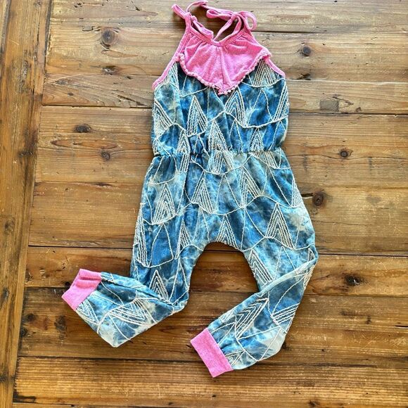 Miki Mietti Romper Jumpsuit Blue Tie Dye Geometric Pink Accents Size 3T - Picture 2 of 10